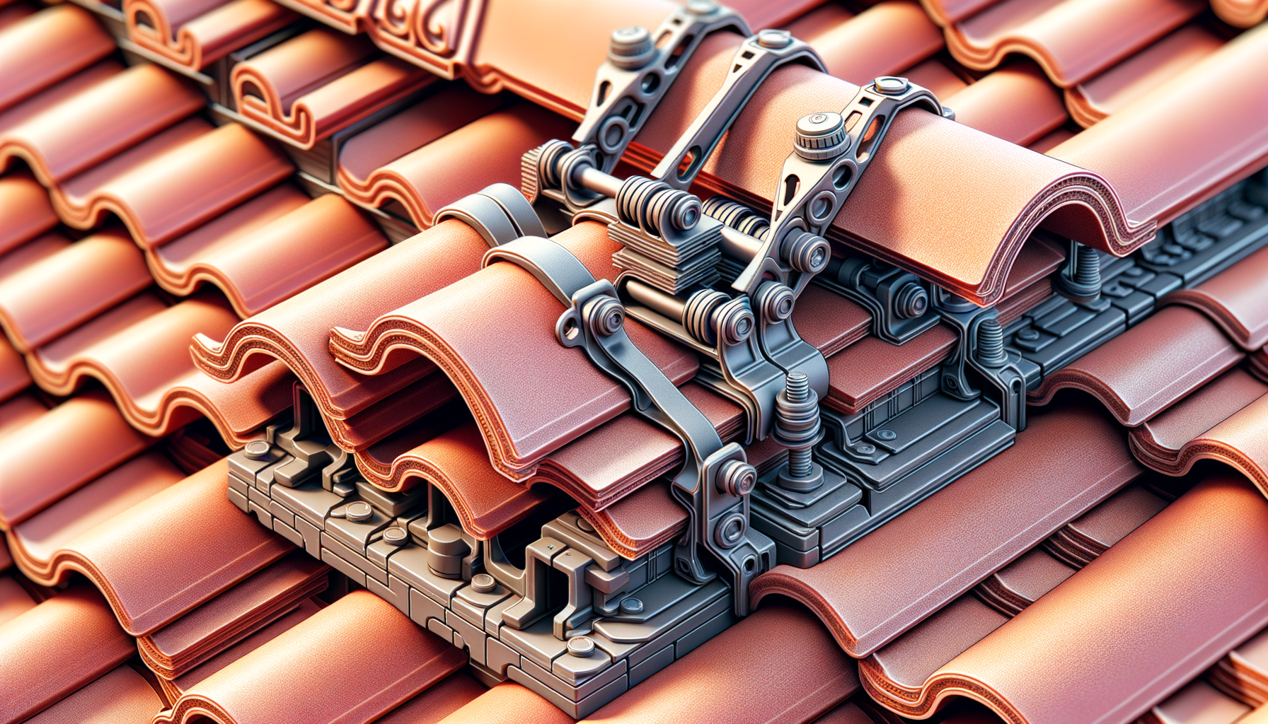 ALT: A detailed solar panel mounting bracket on clay tile roof