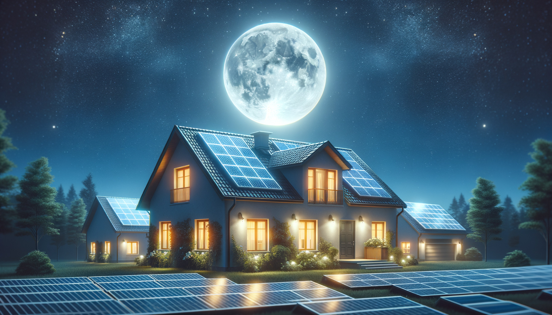 ALT: Solar panels with moonrise, representing the continuous energy supply at night