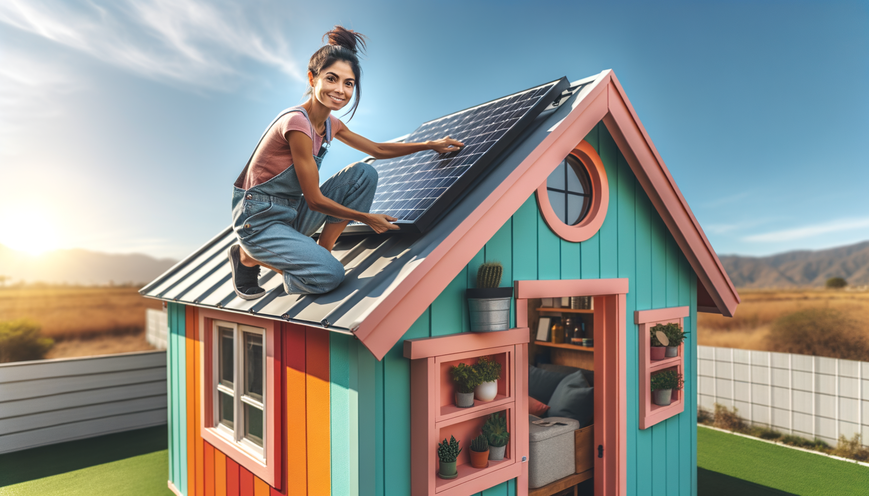 ALT: Tiny home owner setting up DIY solar panel