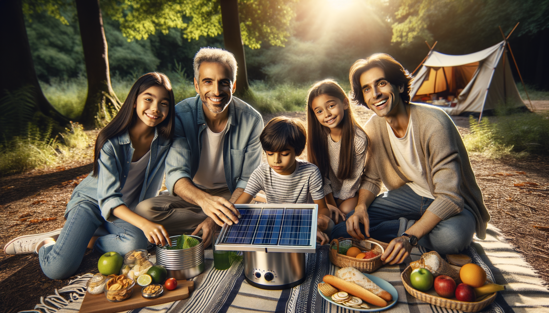 ALT: A happy family cooking with a solar cooker on a sunny day